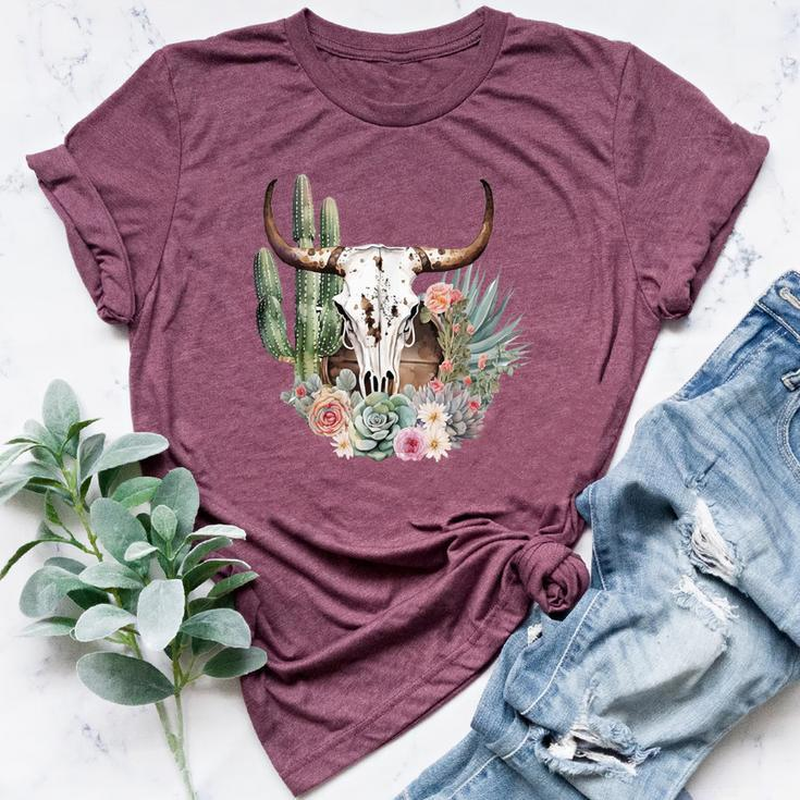 Western Boho Chic Longhorn Bull Skull Cactus Beige Pattern Bella Canvas T-shirt