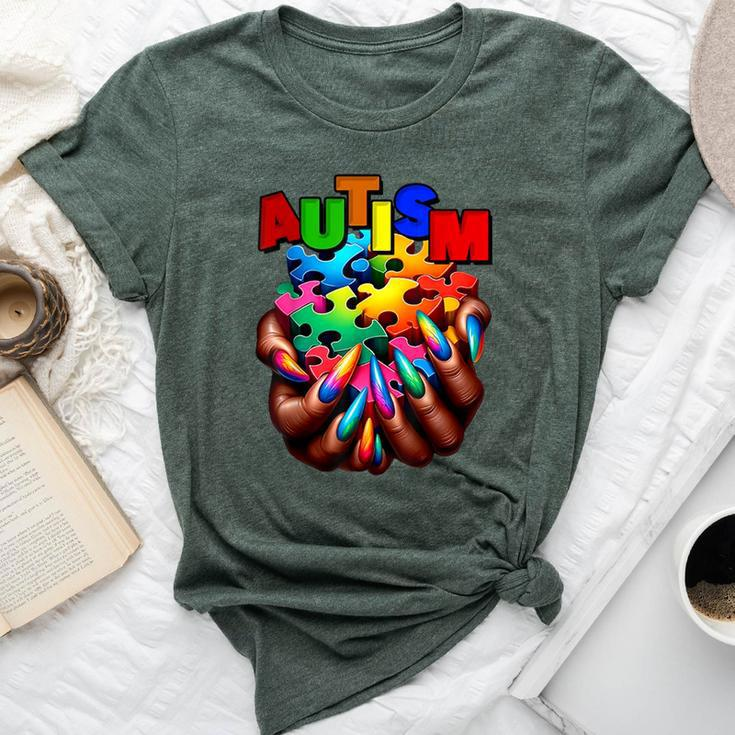 Autism Awareness Hand Black Woman Autism Mom Puzzle Piece Bella Canvas T-shirt