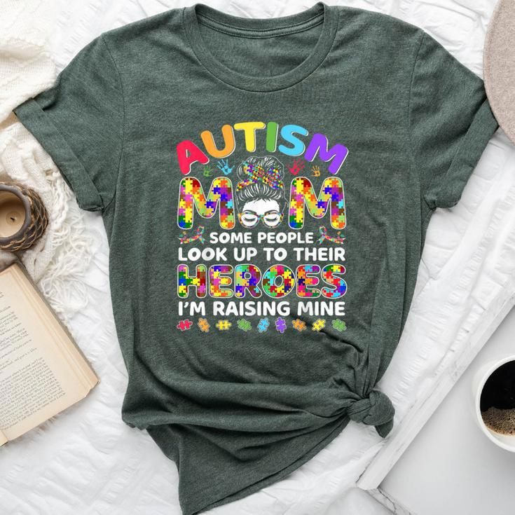 Autism Mom Raising Hero Messy Bun Autism Awareness Bella Canvas T-shirt