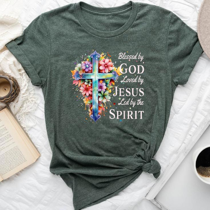 Blessed By God Loved By Jesus Floral Cross Christian Bella Canvas T-shirt