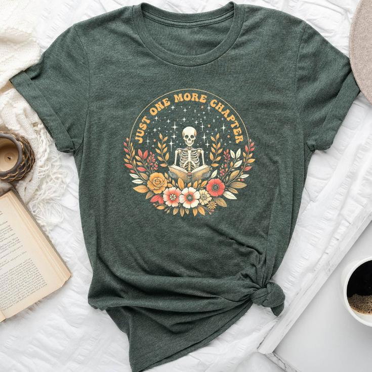 Boho Flower Skeleton Reading Book Just One More Chapter Bella Canvas T-shirt