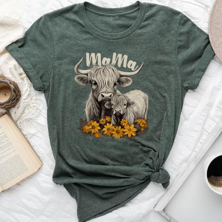 Cute Mama Highland Cow With Baby Calf Flower Cool Animal Bella Canvas T-shirt