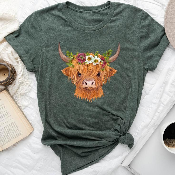 Cute Scottish Highland Cow Flower Head Cattle Calf Bella Canvas T-shirt