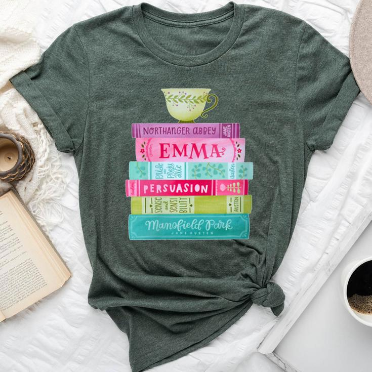 Jane Austen Book Stack Tea Fans Vintage Literary Bella Canvas T-shirt