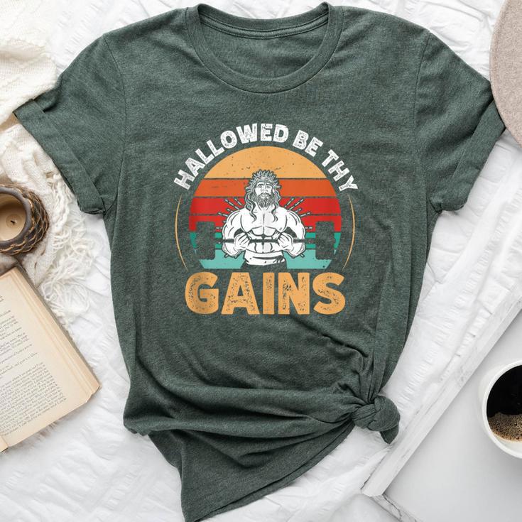 Hallowed Be Thy Gains Jesus Christian Athlete Gym Fitness Bella Canvas T-shirt