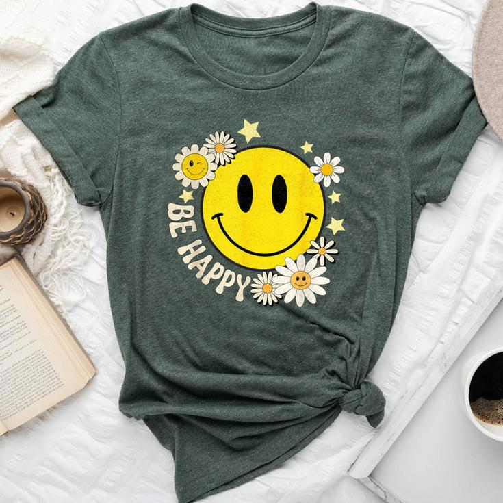 Be Happy Smile Face Retro Groovy Daisy Flower 70S Bella Canvas T-shirt