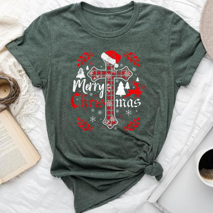 Merry Christmas Christian Cross Buffalo Plaid Pajamas Bella Canvas T-shirt