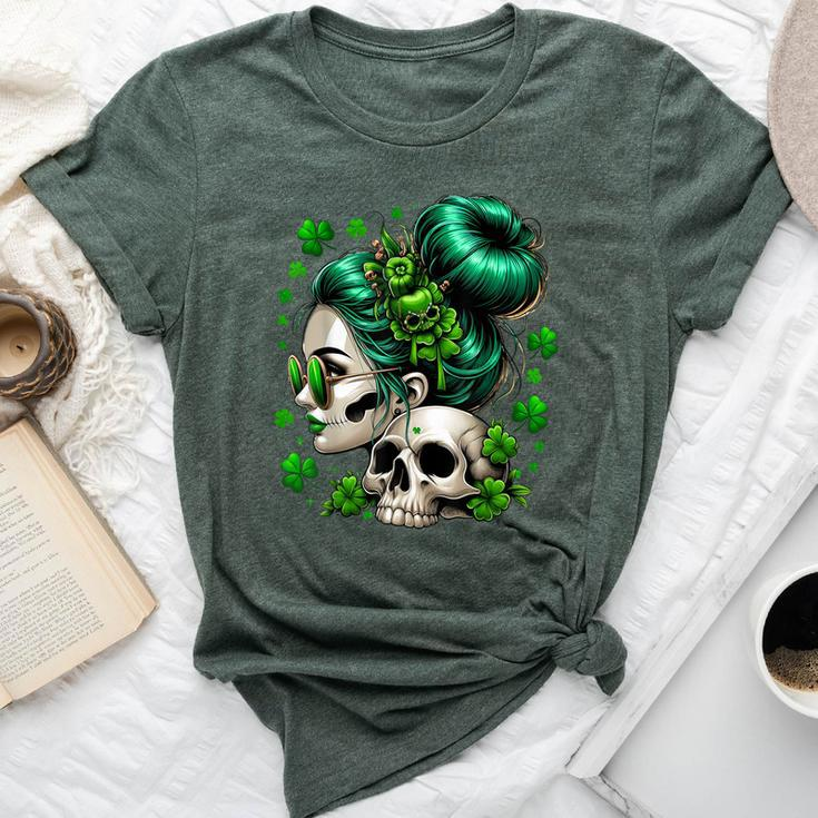 Messy Bun Irish Skull Saint Pattys Day Bella Canvas T-shirt