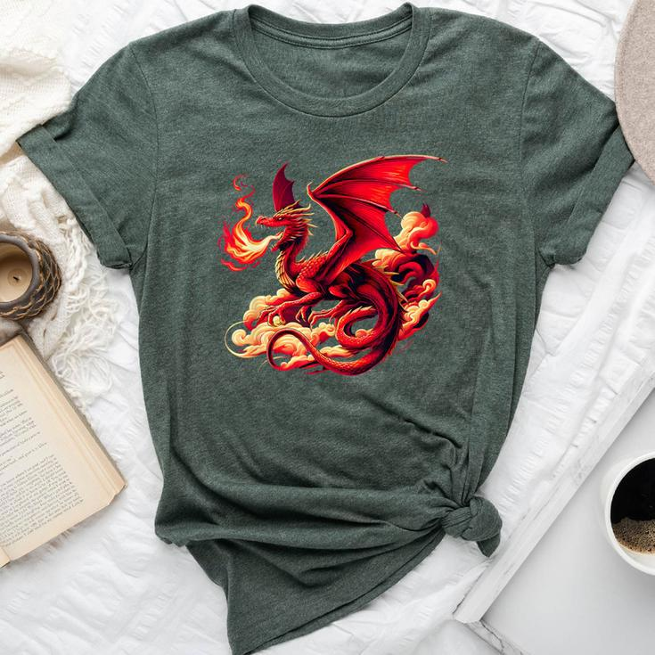 Mythical Red Dragon Breathes Fire On Clouds Boy Girl Dragon Bella Canvas T-shirt