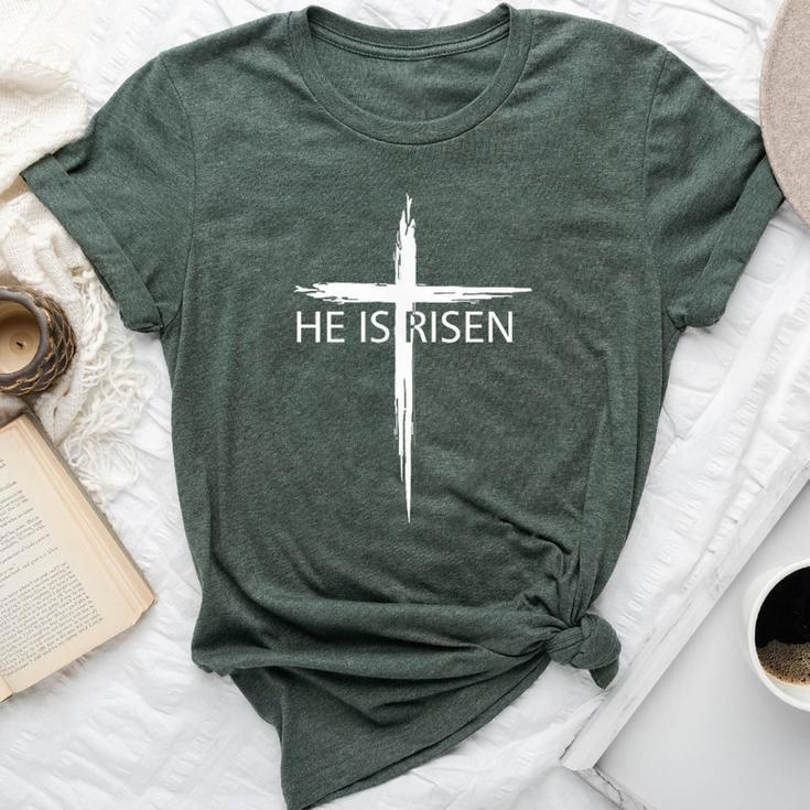He Is Risen Pocket Christian Easter Jesus Religious Cross Bella Canvas T-shirt