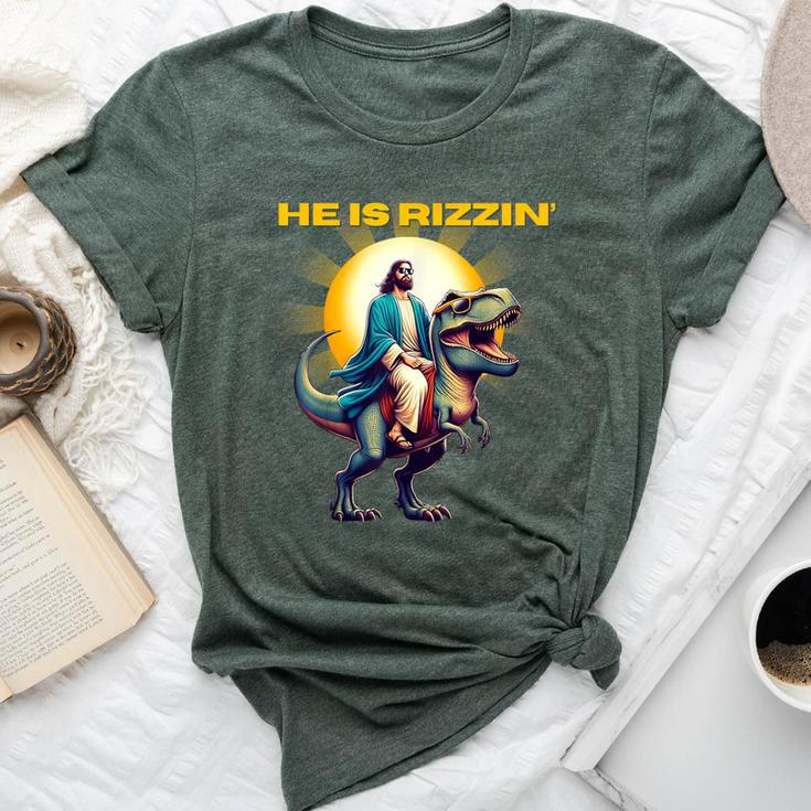 He Is Rizzen Jesus Has Rizzen Retro Christian Dinosaur Bella Canvas T-shirt