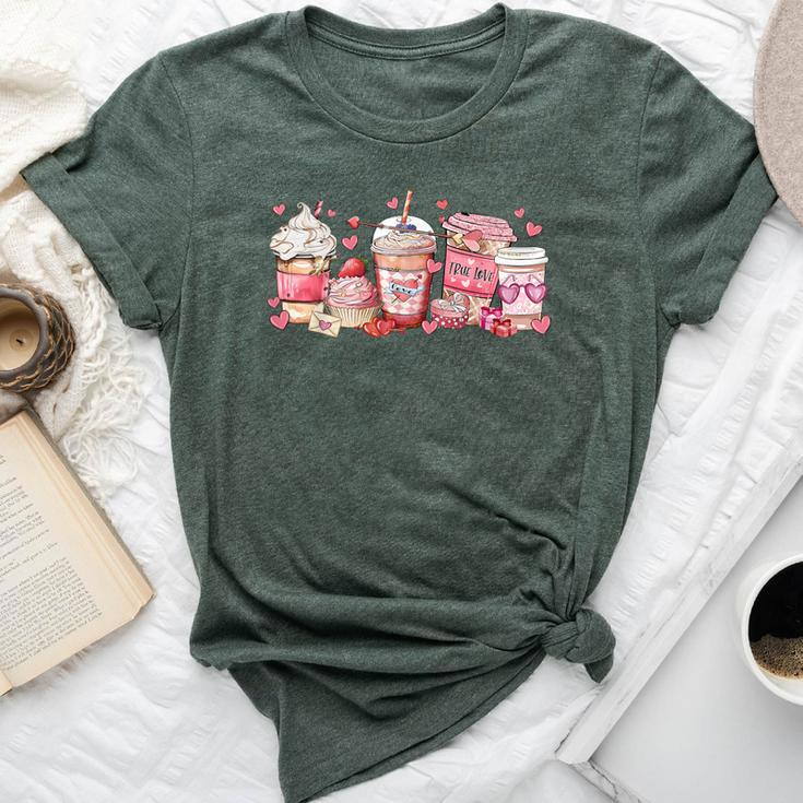 Valentines Day Pink Coffee Cups Latte Iced Cream Cute Hearts Bella Canvas T-shirt