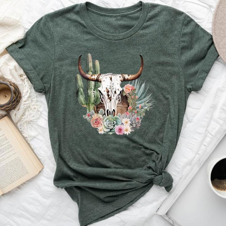 Western Boho Chic Longhorn Bull Skull Cactus Beige Pattern Bella Canvas T-shirt