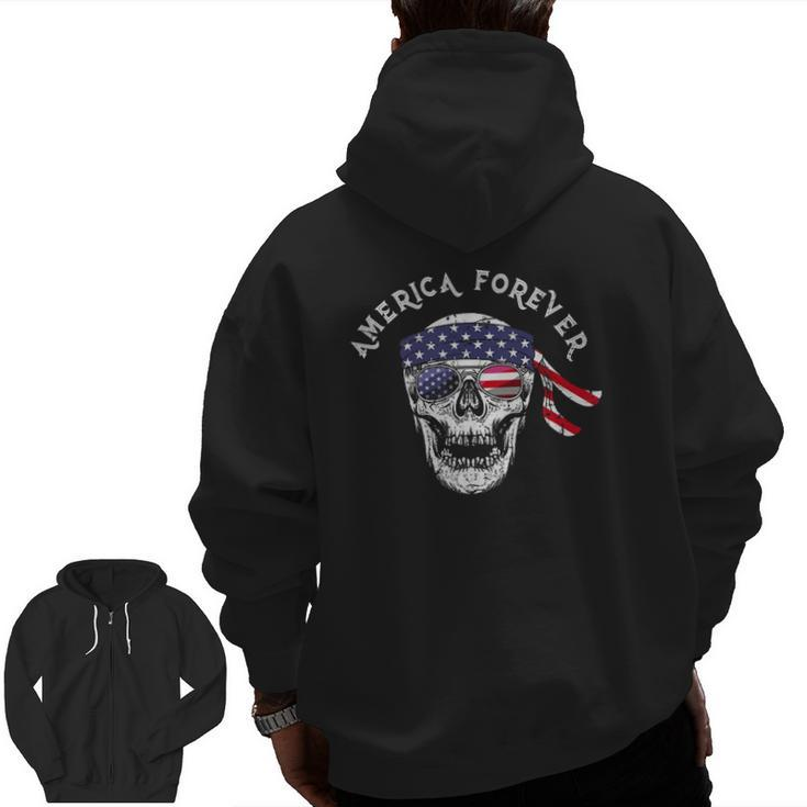 America Forever Patriotic Skull American Flag Sunglasses Zip Up Hoodie Back Print