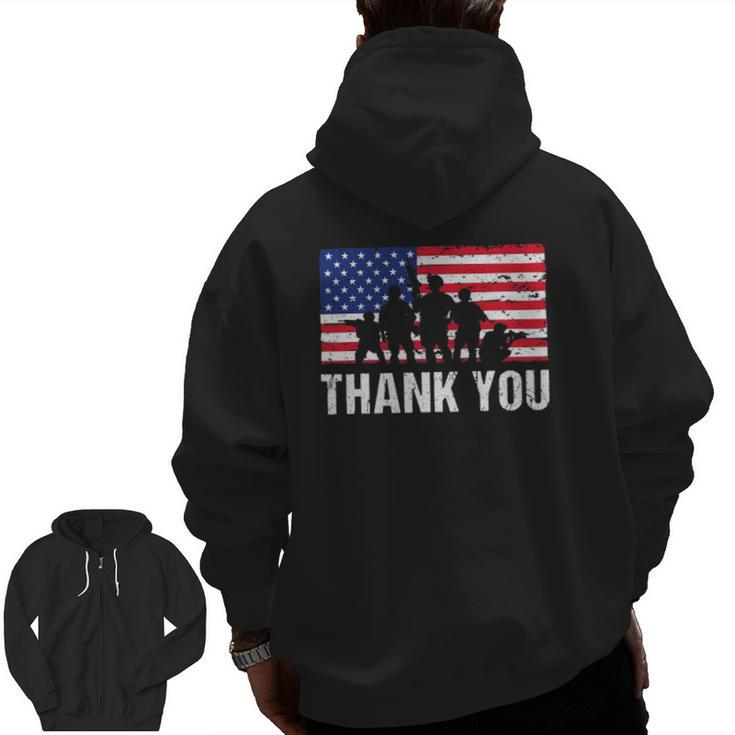 American Flag Soldiers Usa Thank You Veterans Proud Veteran Zip Up Hoodie Back Print