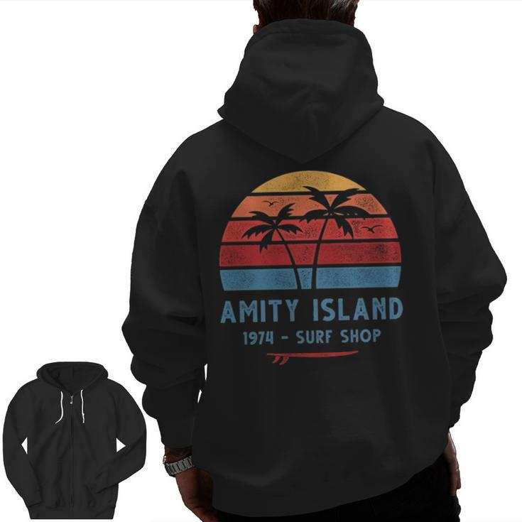 Amity Island Surf 1974 Surf Shop Sunset Surfing Vintage Zip Up Hoodie Back Print