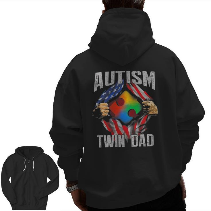Autism Twin Dad American Flag Autism Awareness Zip Up Hoodie Back Print