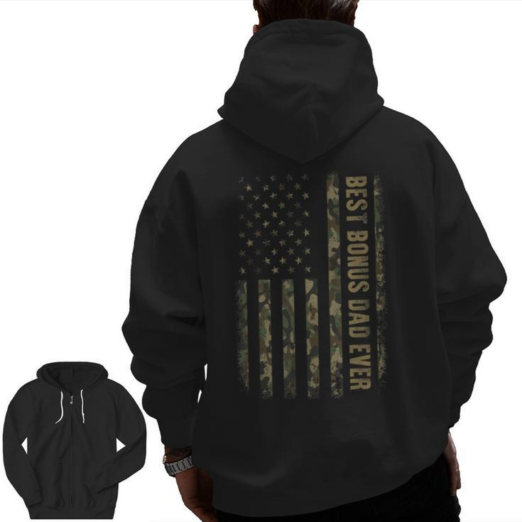 Best Bonus Dad Ever Camouflage American Flag Father's Day Zip Up Hoodie Back Print