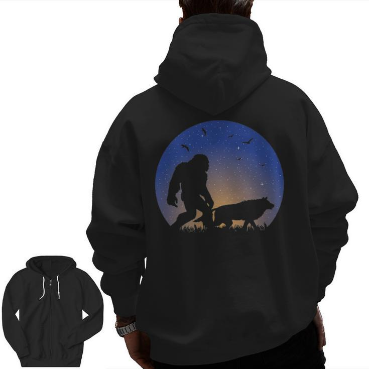 Bigfoot With Wolf Companion Silhouette Nightime Stars Zip Up Hoodie Back Print