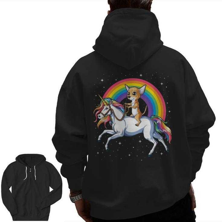Chihuahua Riding Unicorn Women Girls Rainbow Galaxy Zip Up Hoodie Back Print