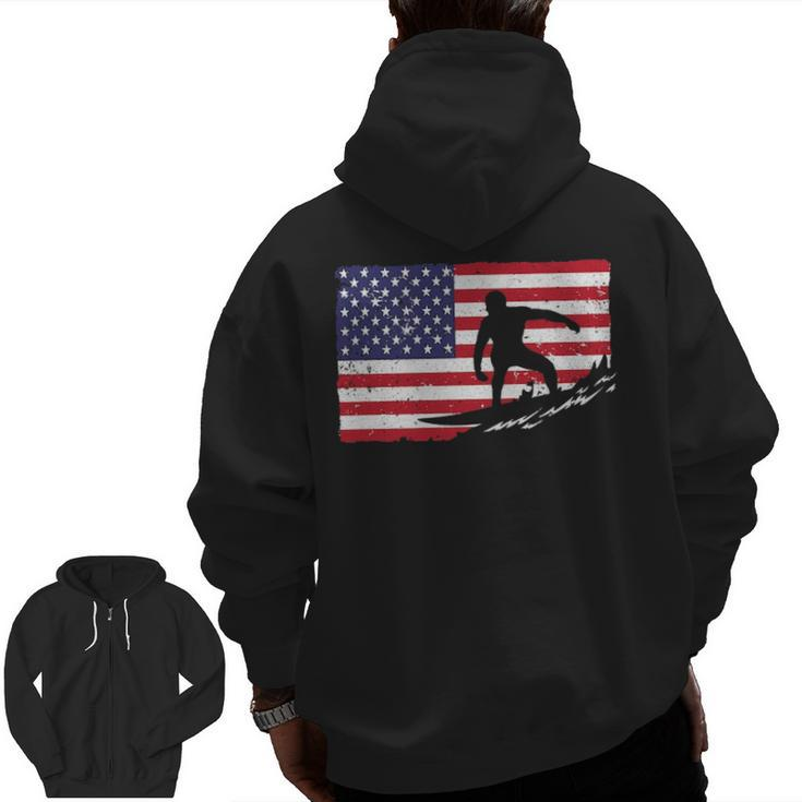 Cool Surfing For Men 4Th Of July American Flag Surfer Zip Up Hoodie Back Print