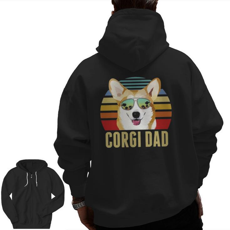 Corgi Dog Dad Vintage Retro Sunset Beach Vibe Fathers Day Zip Up Hoodie Back Print