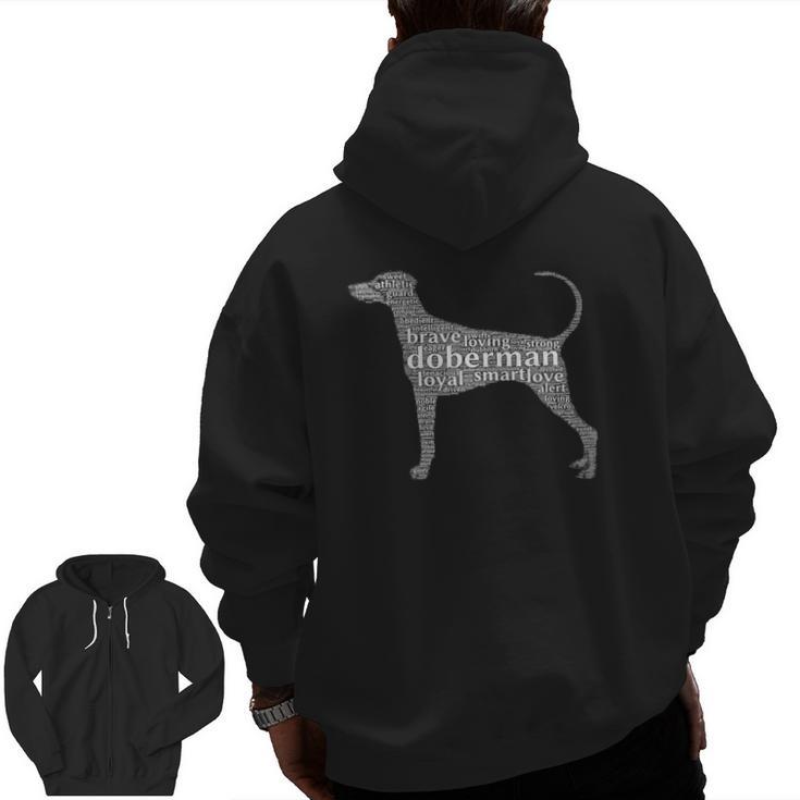 Doberman With A Natural Ears Long Tail Word Cloud Zip Up Hoodie Back Print Mazezy UK