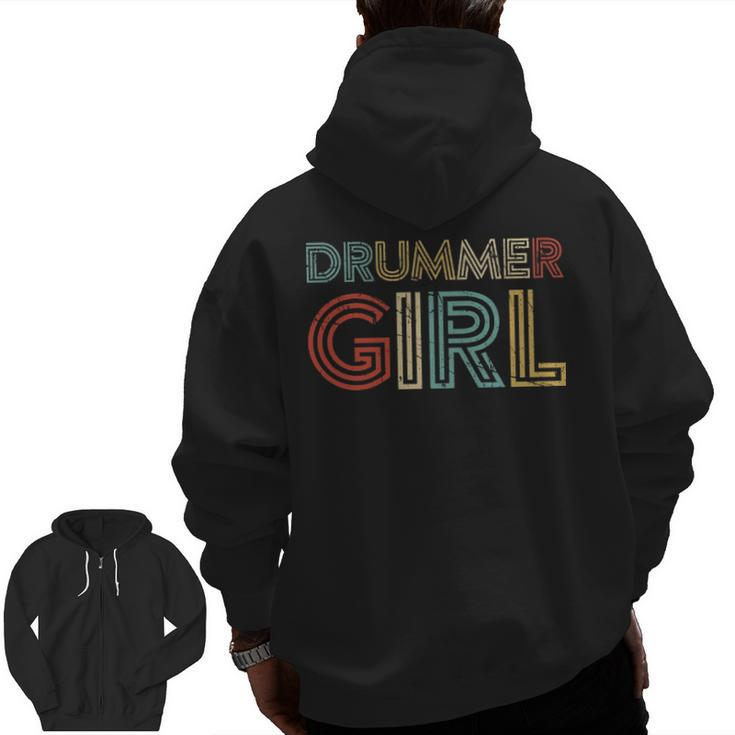 Drummer Girl Retro Vintage Drumming Musician Percussionist Zip Up Hoodie Back Print