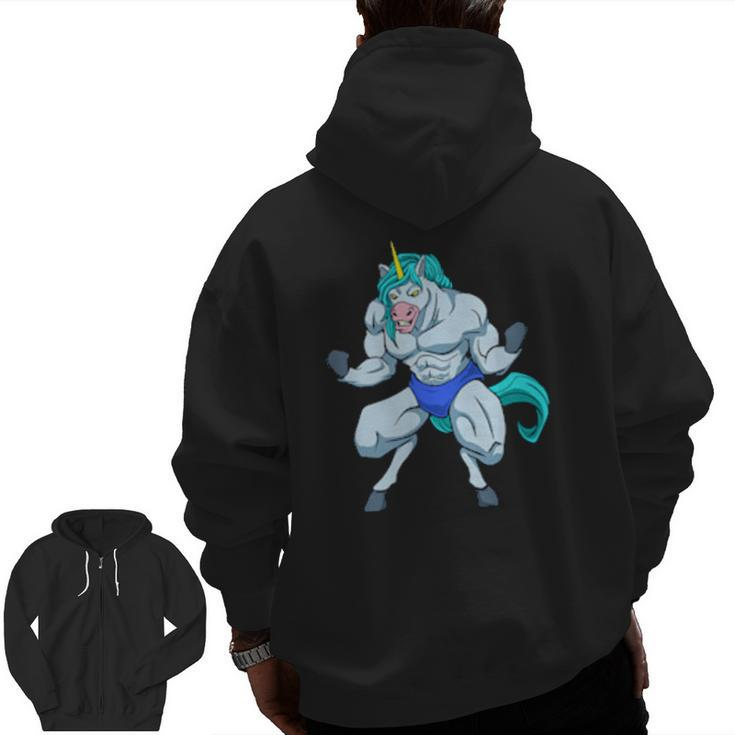 Fitness Bodybuilder Unicorn Shows Muscles Gym Zip Up Hoodie Back Print