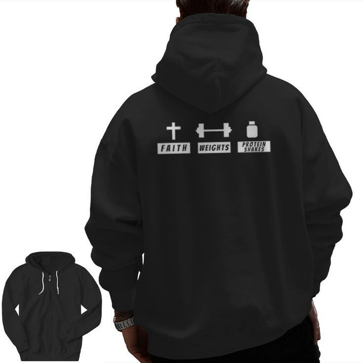 Faith Weights Protein Shakes Christian Fitness Zip Up Hoodie Back Print