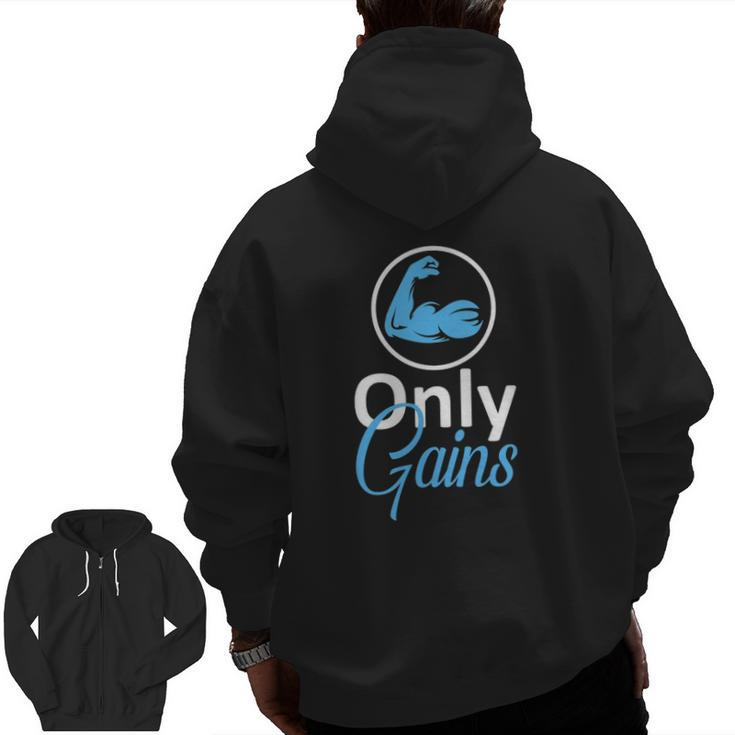 Only Gains Gym Fitness Workout Parody Zip Up Hoodie Back Print