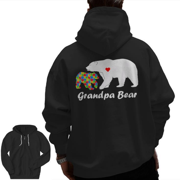 Grandpa Bear Autism Awareness Pop Pop Love Support Kids Zip Up Hoodie Back Print
