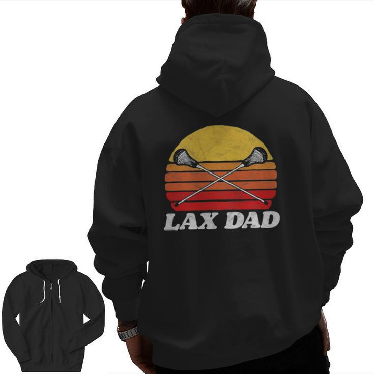 Lax Dad Vintage X Crossed Lacrosse Sticks 80S Sunset Retro Zip Up Hoodie Back Print