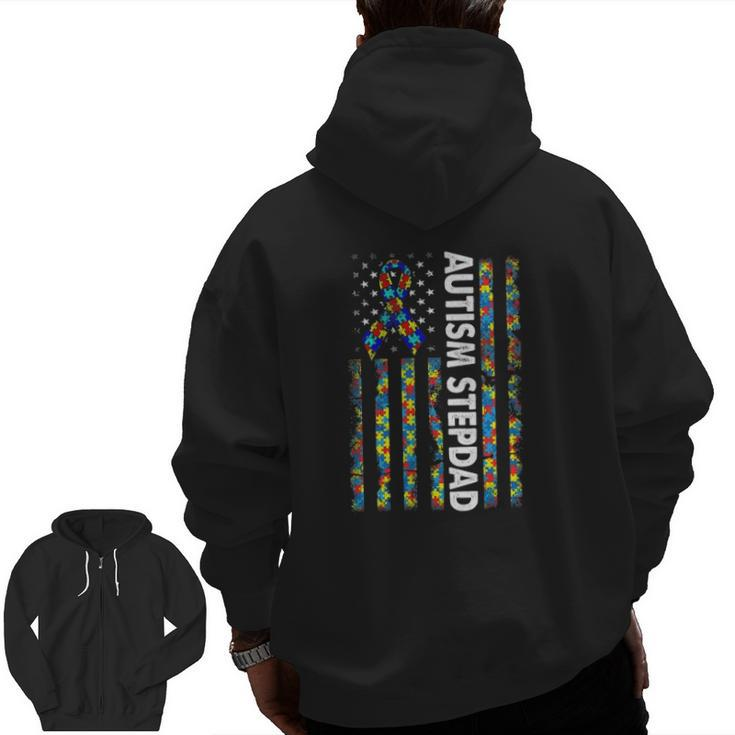 Men Autism Stepdad American Flag Father's Day Zip Up Hoodie Back Print