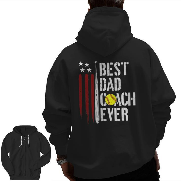 Mens Best Dad Coach Ever American Flag Softball Dad Fathers Day Zip Up Hoodie Back Print