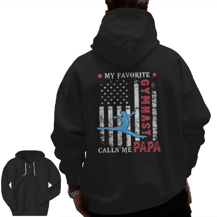Mens My Favorite Gymnast Calls Me Papa Usa Flag Father's Day Zip Up Hoodie Back Print