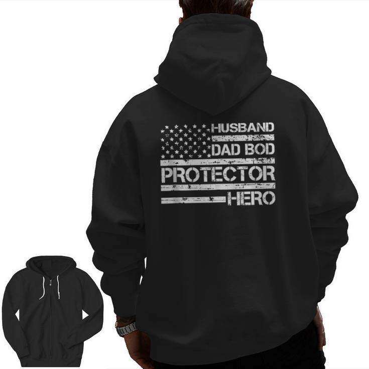 Mens Husband Daddy Protector Hero Fathers Day Dad Bod Zip Up Hoodie Back Print