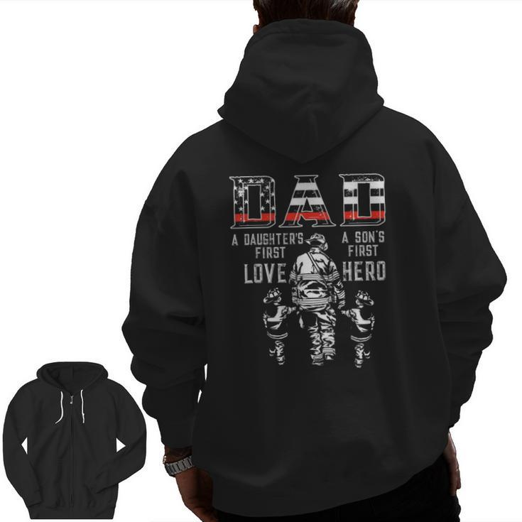 Mens Oxbd Dad Daughter Love Son Hero Fireman Dad Fathers Day Zip Up Hoodie Back Print