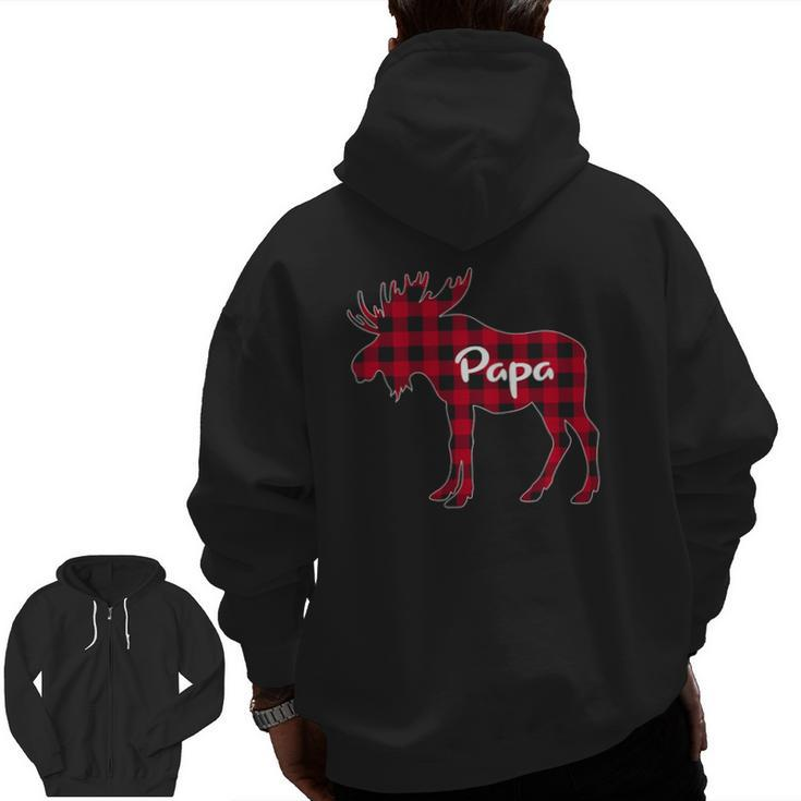 Mens Red Plaid Papa Moose Xmas Red Buffalo Family Pajama Zip Up Hoodie Back Print