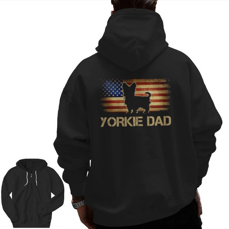 Mens Yorkie Dad Vintage American Flag Patriotic Yorkshire Terrier Zip Up Hoodie Back Print