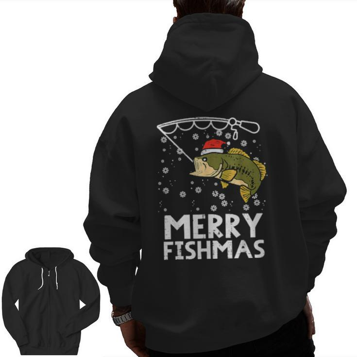 Merry Fishmas Fish Fishing Xmas Pjs Christmas Pajama Dad Zip Up Hoodie Back Print