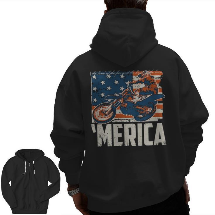 Motocross Racer Dirt Bike Merica American Flag Zip Up Hoodie Back Print