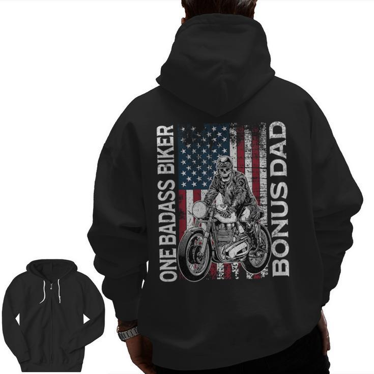 One Badass Biker Bonus Dad Grunge American Flag Skeleton  For Dad Zip Up Hoodie Back Print