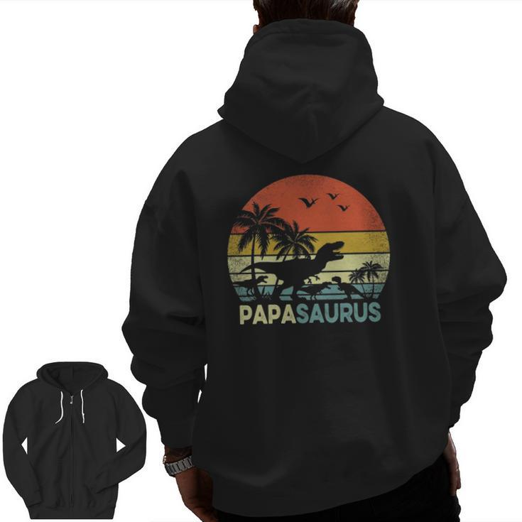 Papa Dinosaur Papasaurus 3 Three Kids Father's Day Zip Up Hoodie Back Print