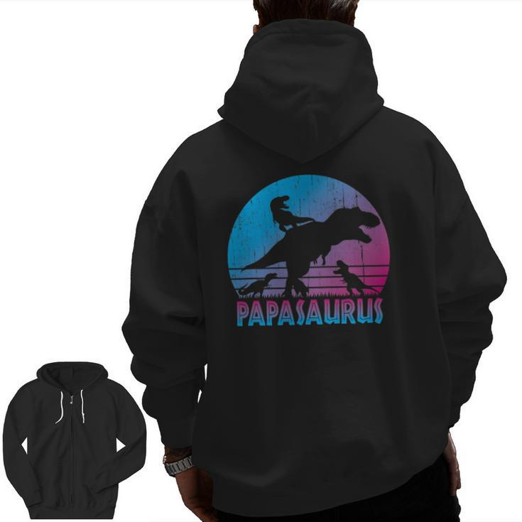 Papasaurus 3 Kids Vintage Retro Sunset  For Dad Zip Up Hoodie Back Print