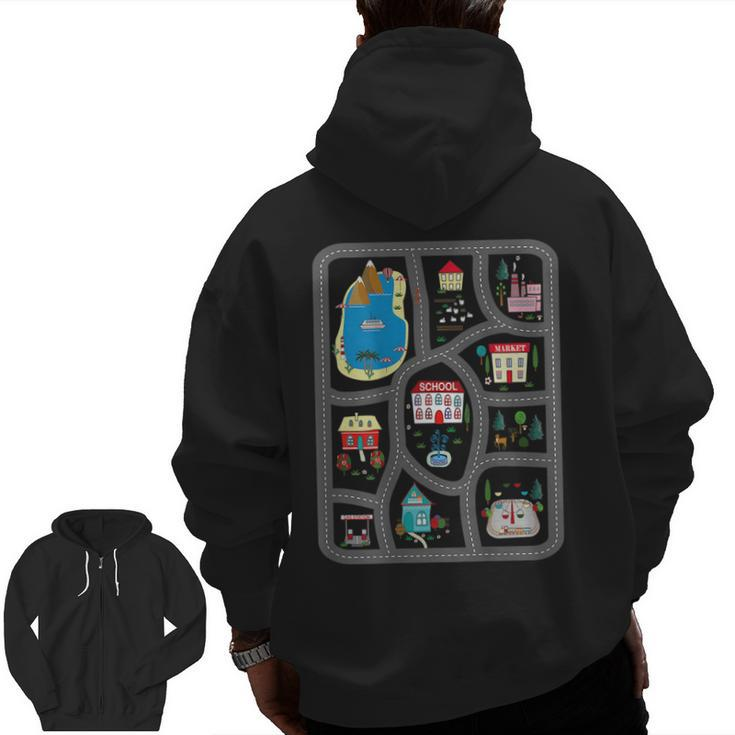 Play Cars On Dad's Back Mat Road Car Race Track Cars  Zip Up Hoodie Back Print