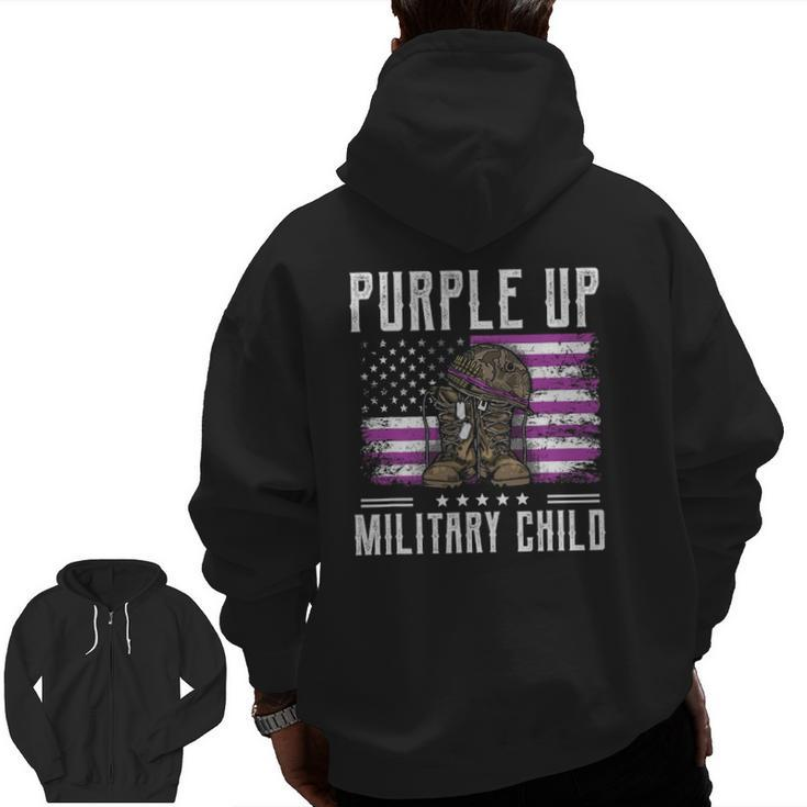 I Purple Up Month Of Military Child Kids Boots Us Flag Zip Up Hoodie Back Print