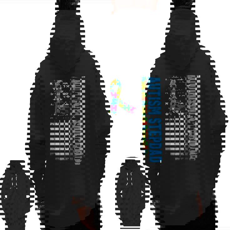 Retro American Flag Autism Stepdad Awareness Autistic Zip Up Hoodie Back Print