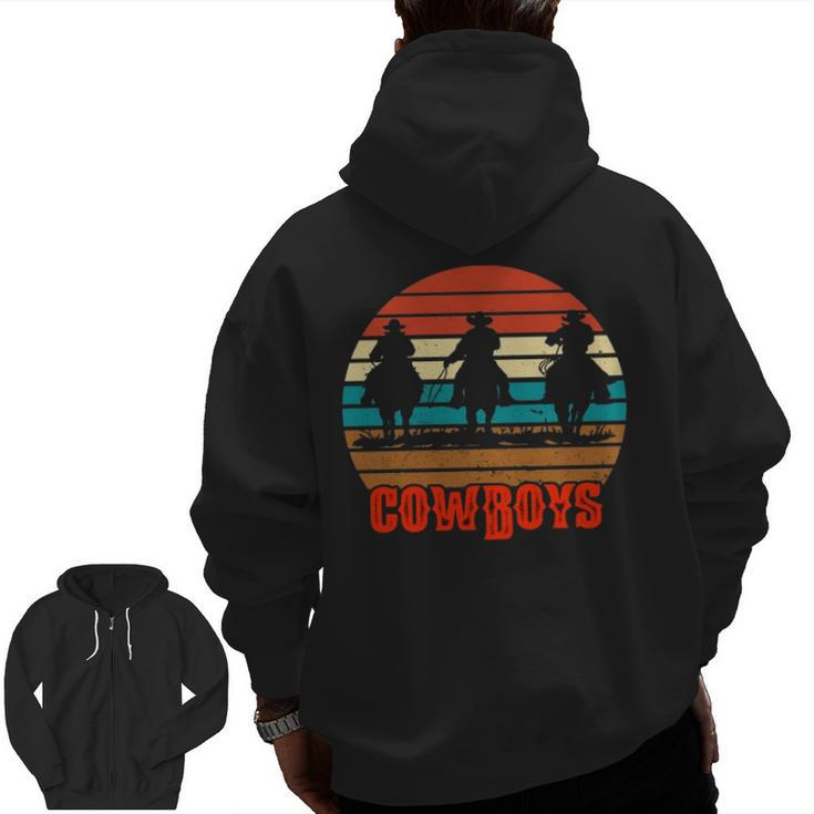 Rodeo Cowboy And Wranglers Bronco Horse Retro Style Sunset Zip Up Hoodie Back Print
