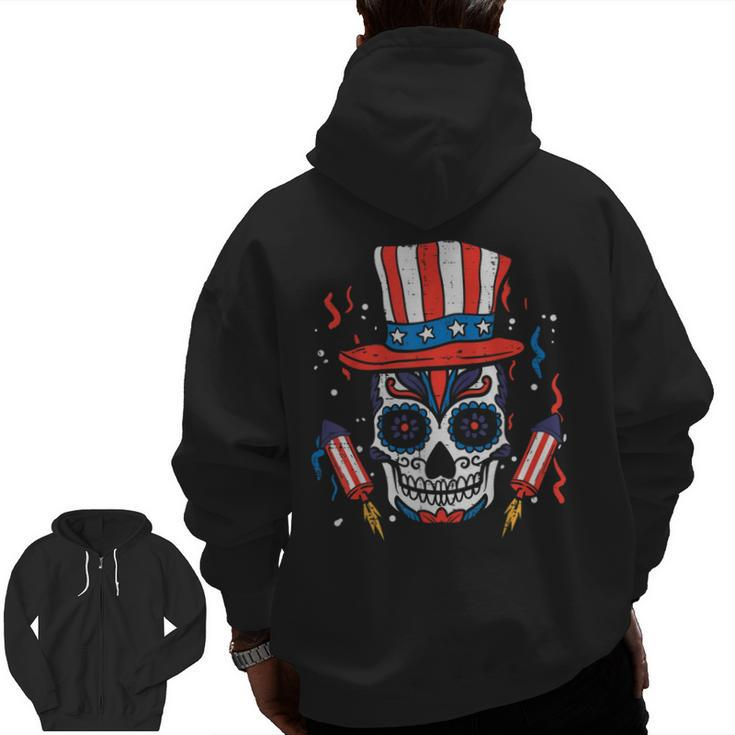 Sugar Skull Us Flag Hat Fourth 4Th Of July Patriotic Mexican Zip Up Hoodie Back Print